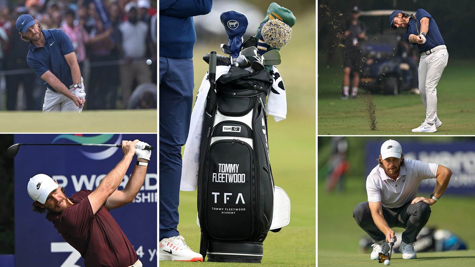 Tommy Fleetwood&#039;s golf bag with various images of him around the outside