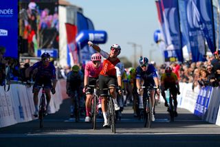 SAINT-GILLES-CROIX-DE-VIE, FRANCE - APRIL 04: Bryan Coquard of France and Team Cofidis celebrates at finish line as stage winner ahead of Arnaud DÃ©mare of France and Team Groupama - FDJ during the 1st Region Pays de la Loire Tour 2023, Stage 1 a 150.9km stage from Saint-PÃ¨re-en-Retz to Saint-Gilles-Croix-de-Vie on April 04, 2023 in Saint-Gilles-Croix-de-Vie, France. (Photo by Dario Belingheri/Getty Images)