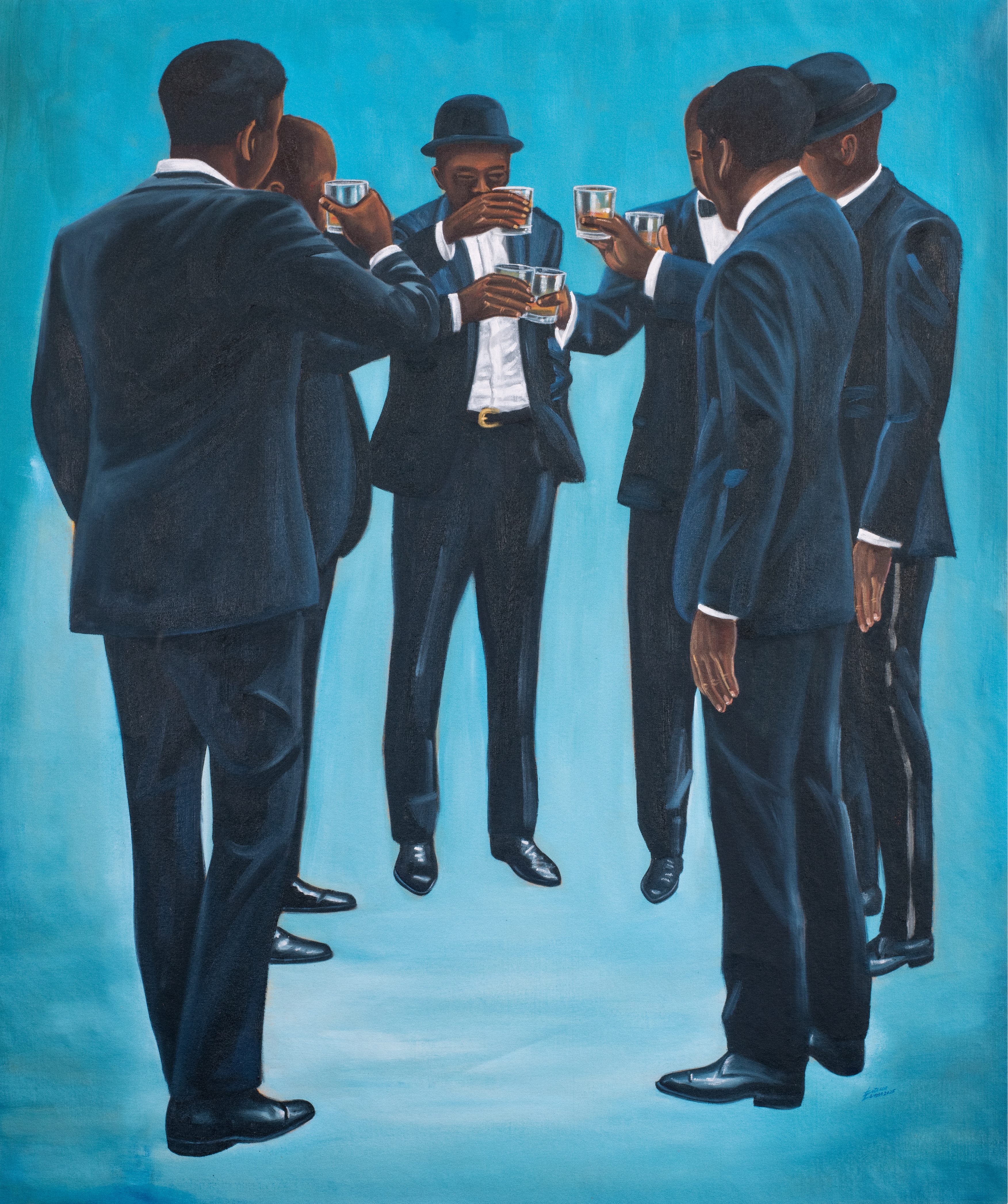 Painting by Zumba Luzamba of men in suits and bowler hats