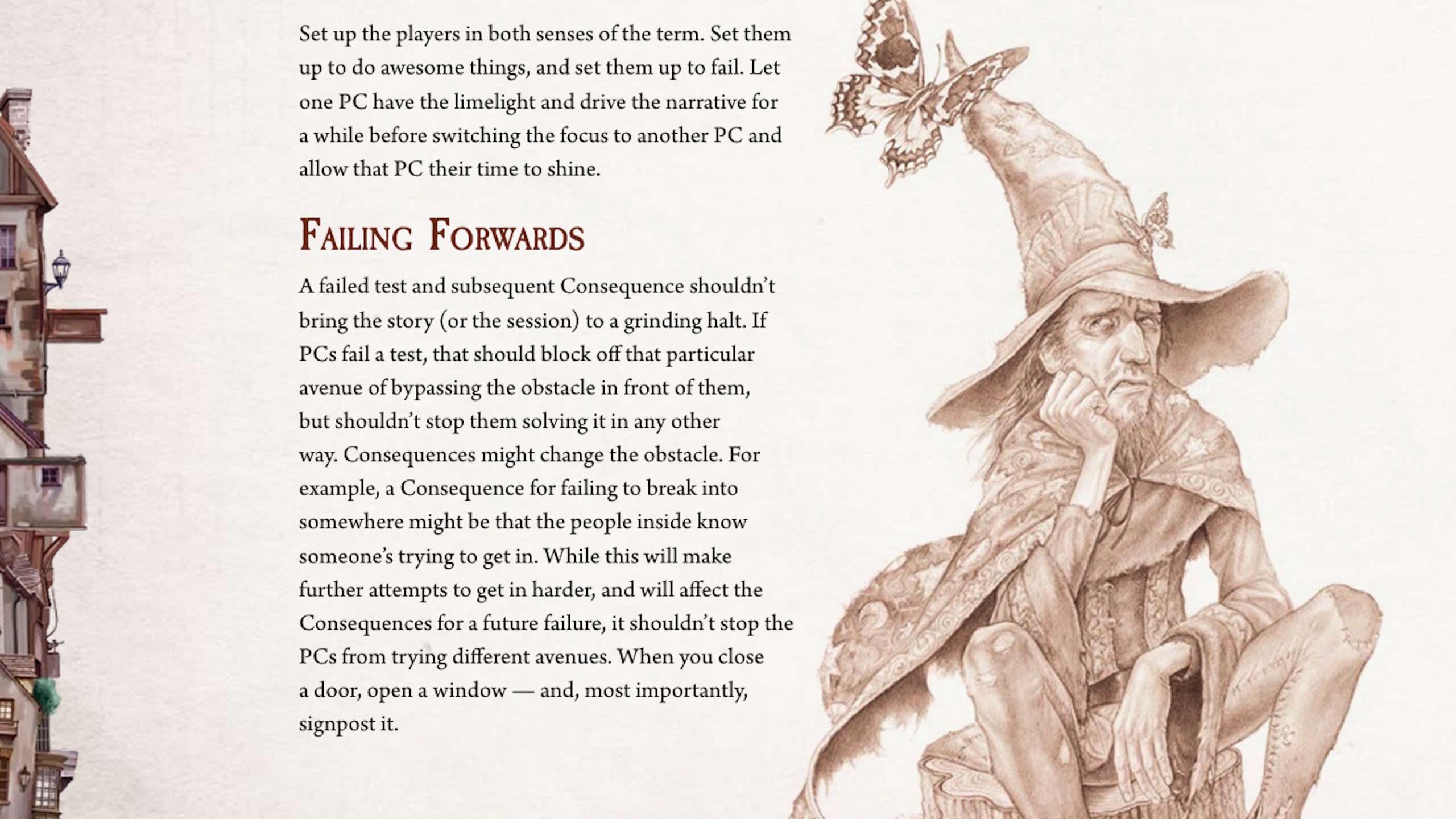 Interior artwork and text describing failing forwards in Discworld: Adventures in Ankh-Morpork