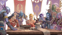 World of Warcraft negotiate over a diplomatic table, as part of official art for the WoW x D&D crossover.