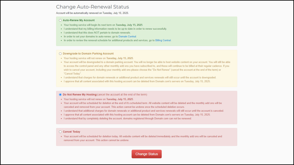 Domain.com's change auto-renewal status to cancel a product