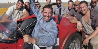 Christian Bale triumphant in race car Ford V Ferrari