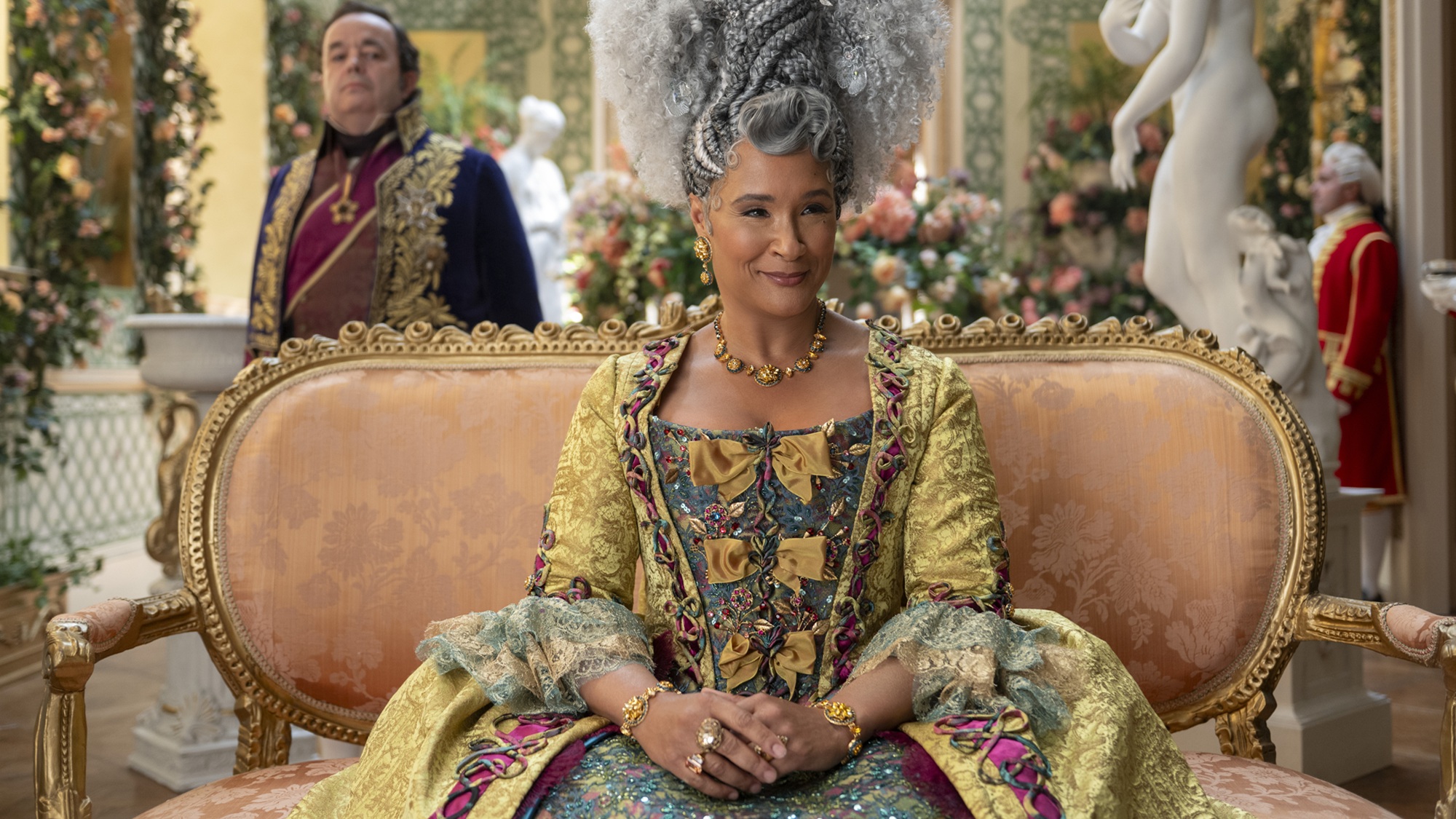 Hugh Sachs as Brimsley, Golda Rosheuvel as Queen Charlotte in episode 403 of Bridgerton