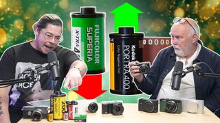 James Artaius and Chris George sat at Bokeh Face Podcast table with Kodak and Fujifilm rolls of film in background 
