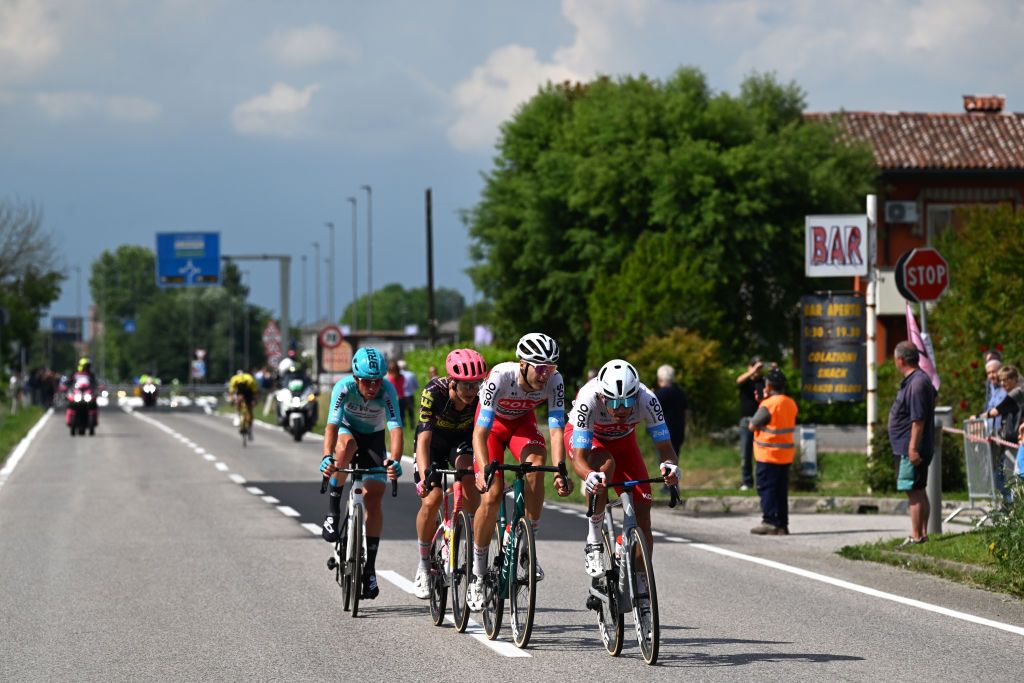 PADOVA ITALY MAY 23 LR Filippo Fiorelli of Italy and Team VF Group Bardiani CSF Faizane Mikkel Frolich Honore of Denmark and Team EF Education EasyPost Andrea Pietrobon of Italy and Mirco Maestri of Italy and Team Polti Kometa compete in the breakaway during the 107th Giro dItalia 2024 Stage 18 a 178km stage from Fiera di primiero to Padova UCIWT on May 23 2024 in Padova Italy Photo by Tim de WaeleGetty Images