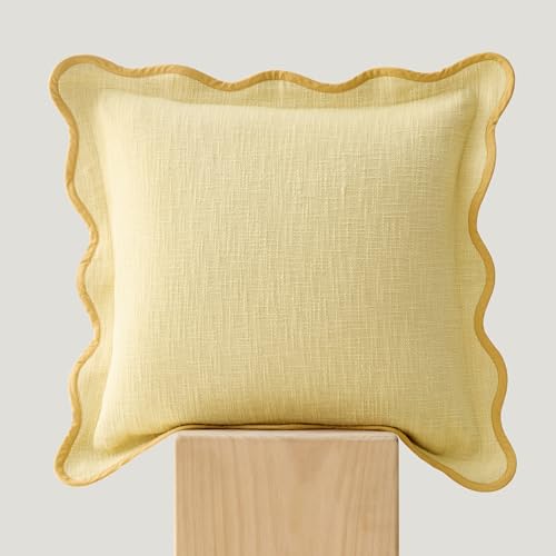 Double Stitch Scalloped Throw Pillow Covers - 100% Cotton Decorative Boho Pillow Covers 20 X 20, Made in India, Square Cushion Case, Modern Home Decor for Couch Sofa Living Room, Lemon Yellow
