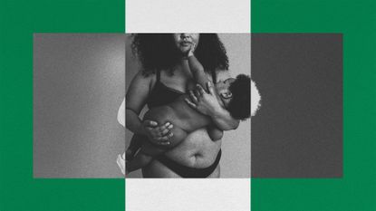Photo collage of a Black woman holding her small child. The child faces away from the camera and reaches for her face. The edges of the image are outlined in photo negative, and in the background there is the flag of Nigeria.