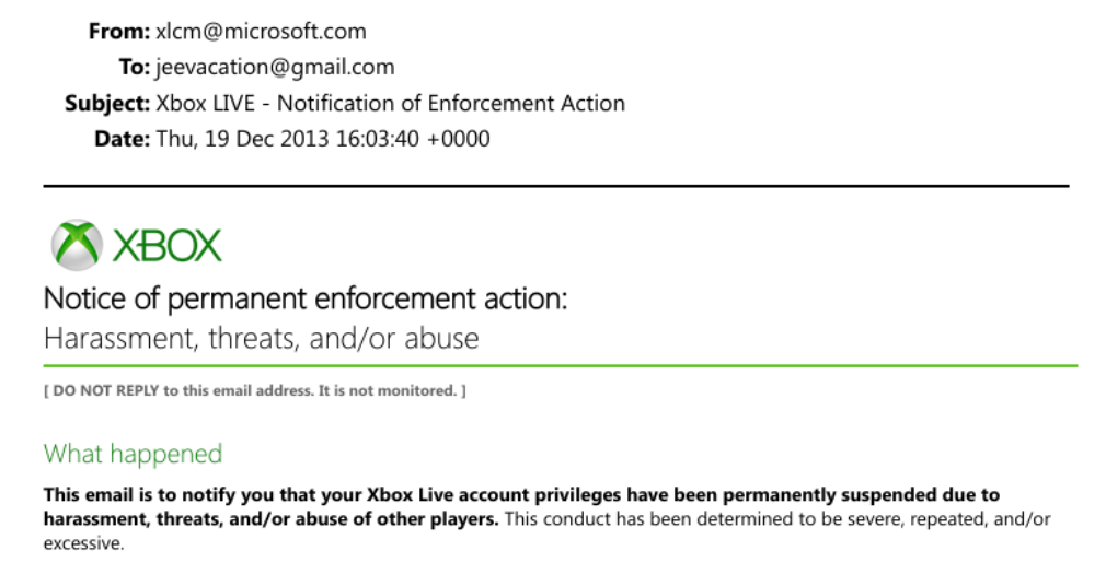 A portion of an email from Xbox to "jeevacation@gmail.com" with notice that the associated account has been banned from Xbox Live.