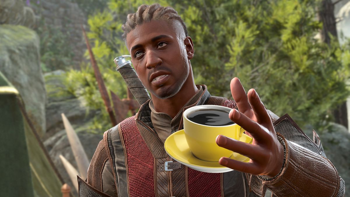 Baldur&#039;s Gate 3 character Wyll holding a cup of black coffee