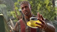 Baldur's Gate 3 character Wyll holding a cup of black coffee