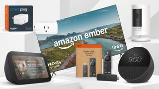 A collage of Amazon devices that are on sale for Prime Day, including a Smart Plug, Echo Show, Echo Spot, Ember TV, Ring camera and Fire TV Stick