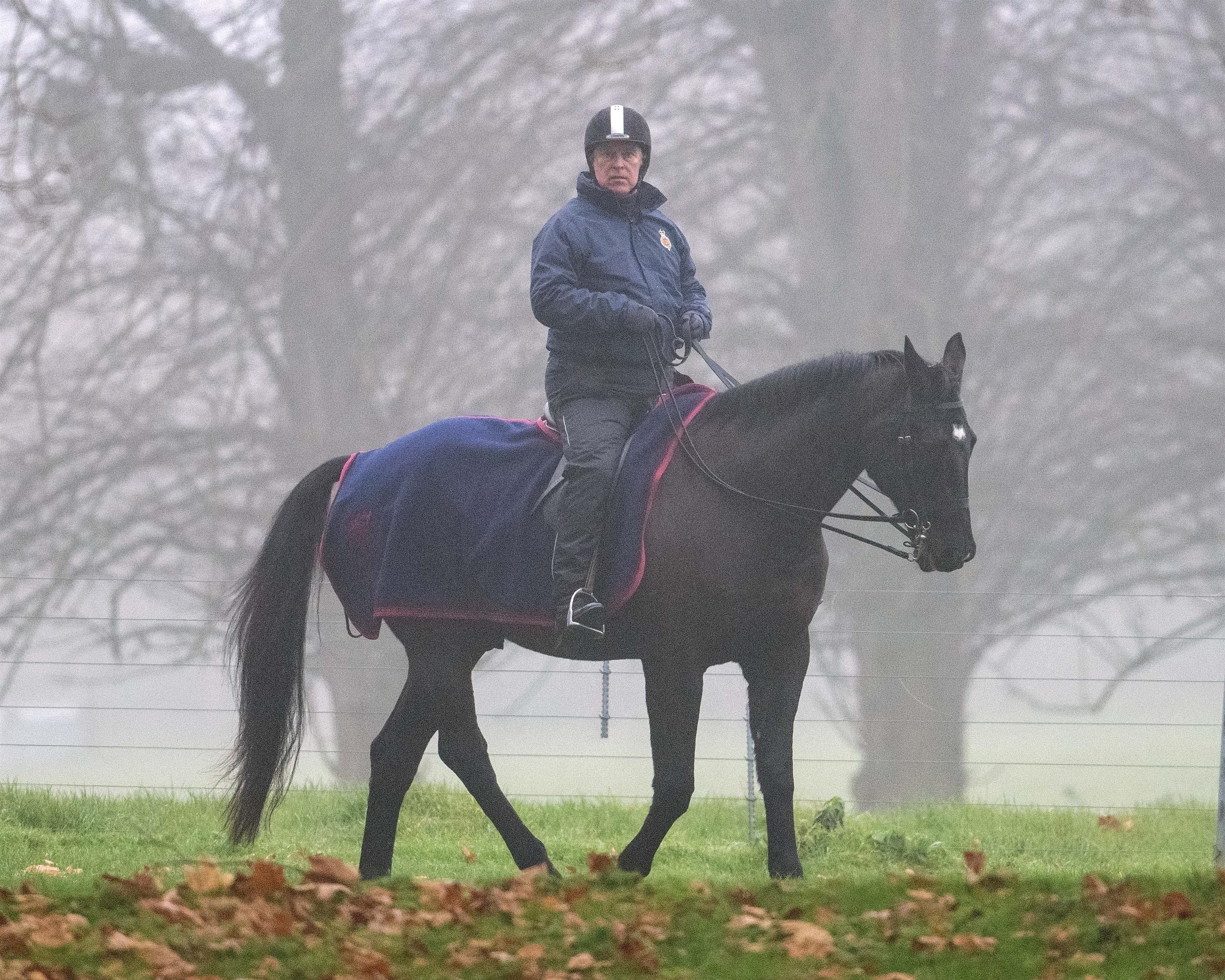 Ex-Prince Andrew rides on his horse during a foggy morning in Windsor