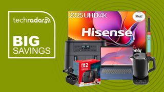 Collage of tech from the Very sale, including a Hisense TV, Ninja air fryer, Lenovo laptop, Switch 2 and Ninja kettle.