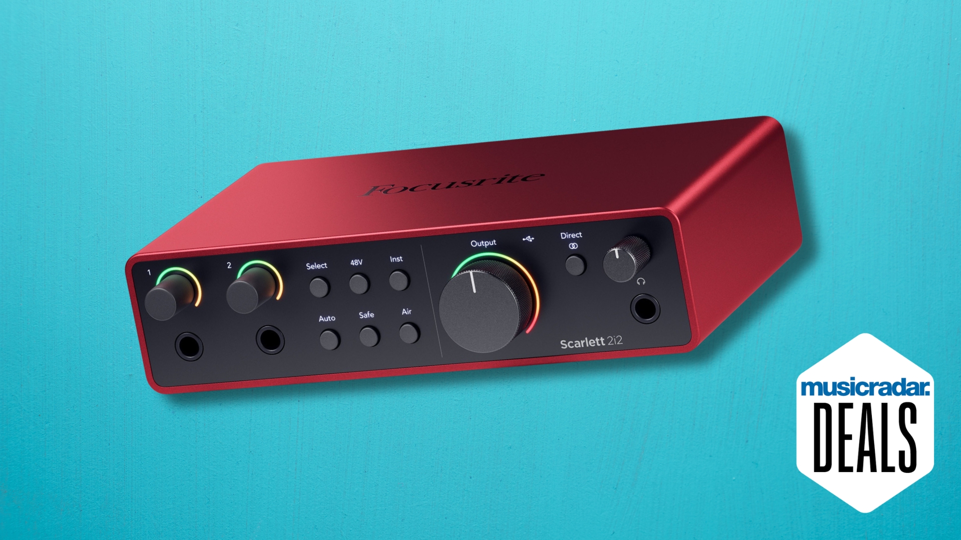 A Focusrite Scarlett 2i2 4th Gen audio interface on a teal background