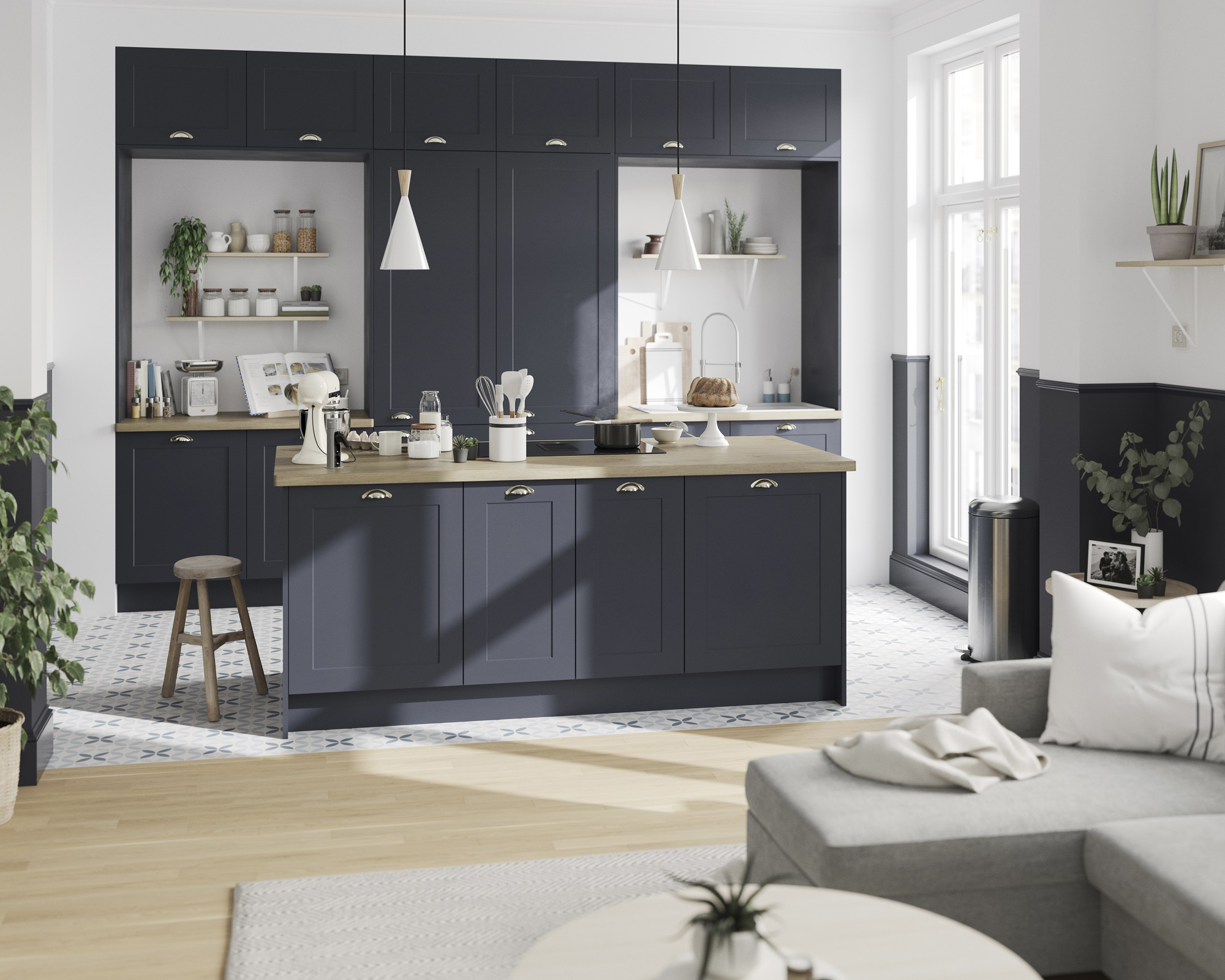 An open plan kitchen with blue shaker style kitchen cabinetry and blue and white color blocked wall paint decor