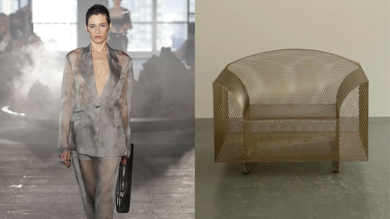 Grace Ling RTW sheer runway look alongside sheer industrial chair by Spazio Leone