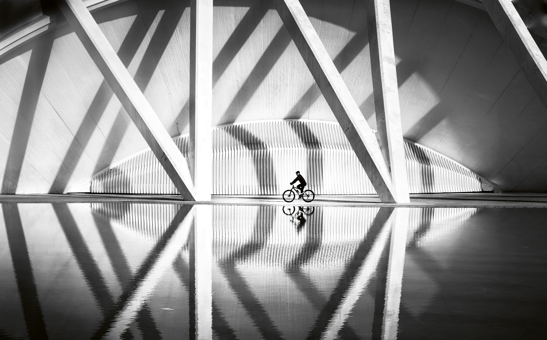 A lone cyclist beneath a concrete cathedral, a figure dwarfed by sweeping white curves and pigeons scattering across a vast tiled wall: Mark Fearnley's street photography captures the loneliness of the modern city