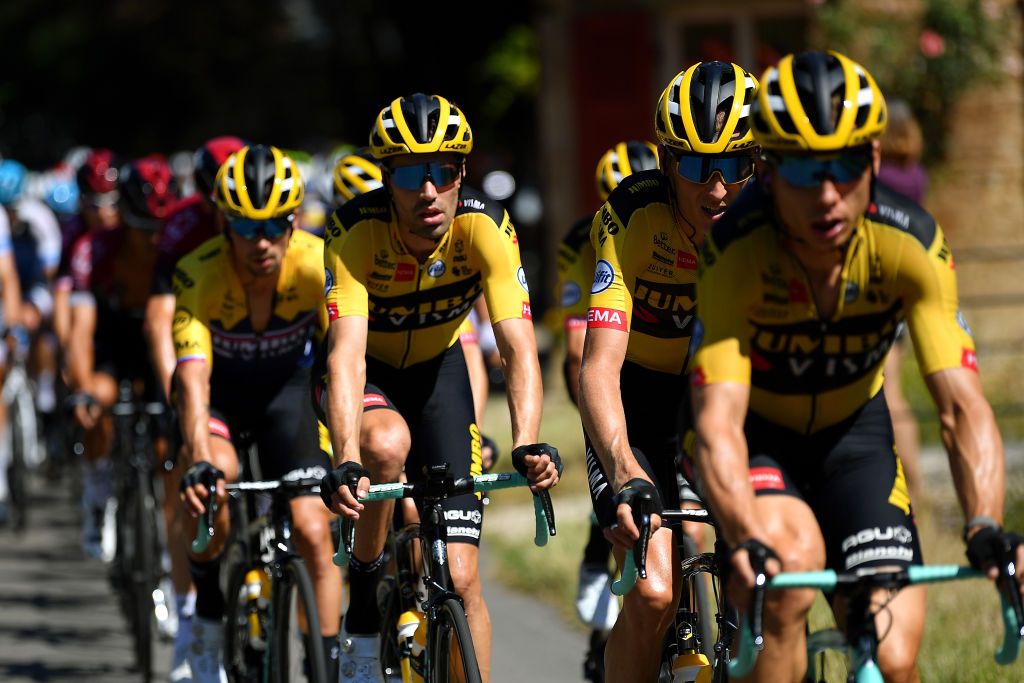 SAINTVULBAS FRANCE AUGUST 08 Tony Martin of Germany and Team Jumbo Visma Robert Gesink of The Netherlands and Team Jumbo Visma Tom Dumoulin of The Netherlands and Team Jumbo Visma Primoz Roglic of Slovenia and Team Jumbo Visma during the 32nd Tour de LAin 2020 Stage 2 a 141km stage from Lagnieu to Llex MontsJura 896m tourdelain TOURDELAIN TDA on August 08 2020 in SaintVulbas France Photo by Justin SetterfieldGetty Images