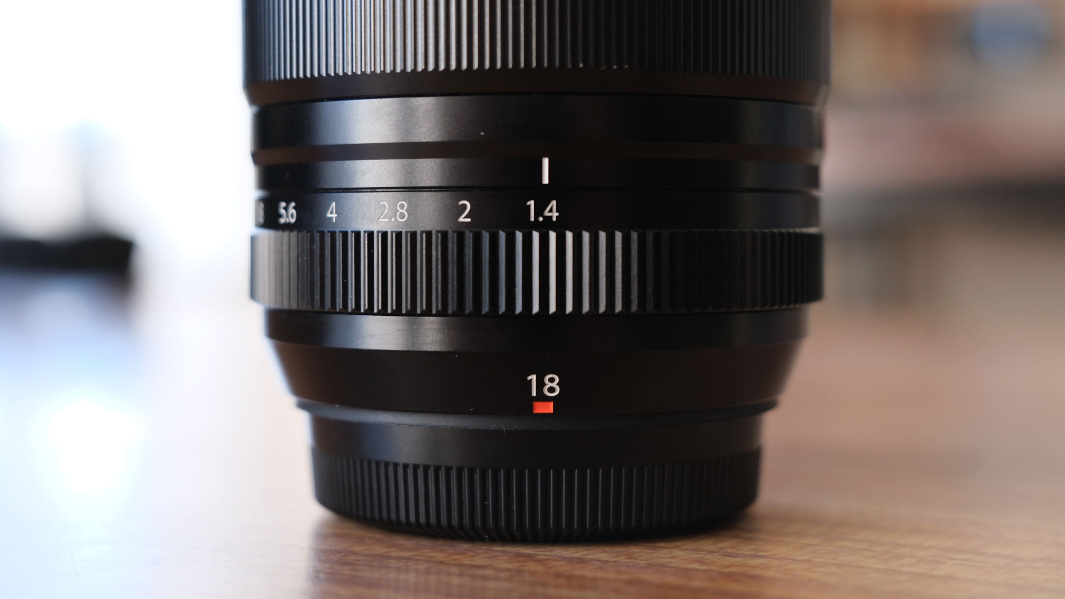 A close-up showing the widest aperture of f/1.4 on the Fujifilm XF 18mm f/1.4 lens