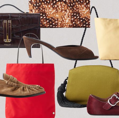 collage of net-a-porter fall bags and shoes