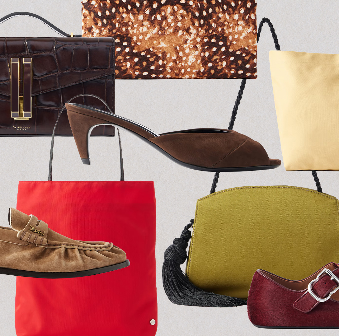 collage of net-a-porter fall bags and shoes