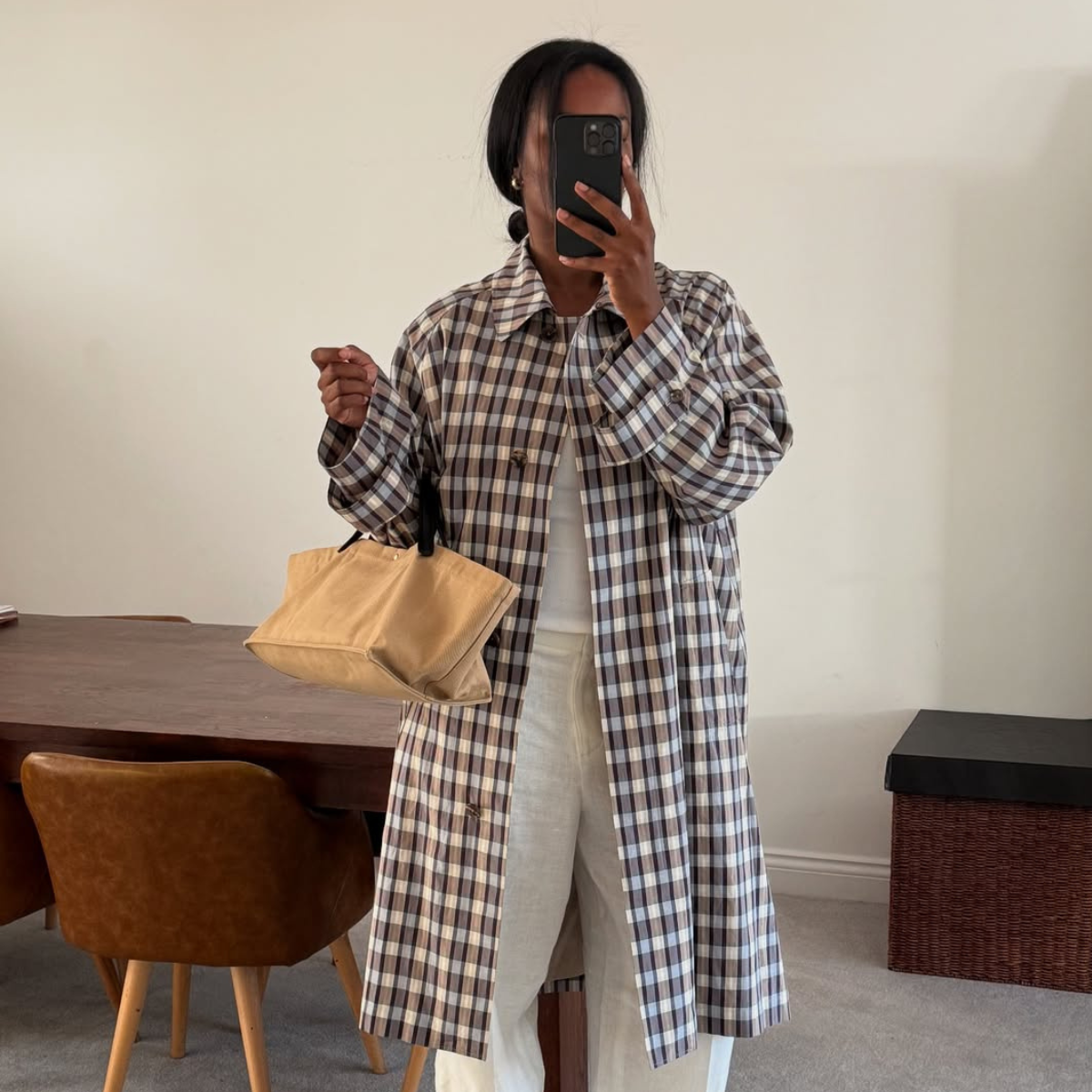 @nlmarilyn wears gingham coat white outfit