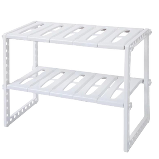 Ubesgoo 2 Tiers Expandable Stackable Under Sink Storage Shelf Rack Adjustable Storage Shelving Unit Cabinet Organizer for Kitchen Bathroom Home, White