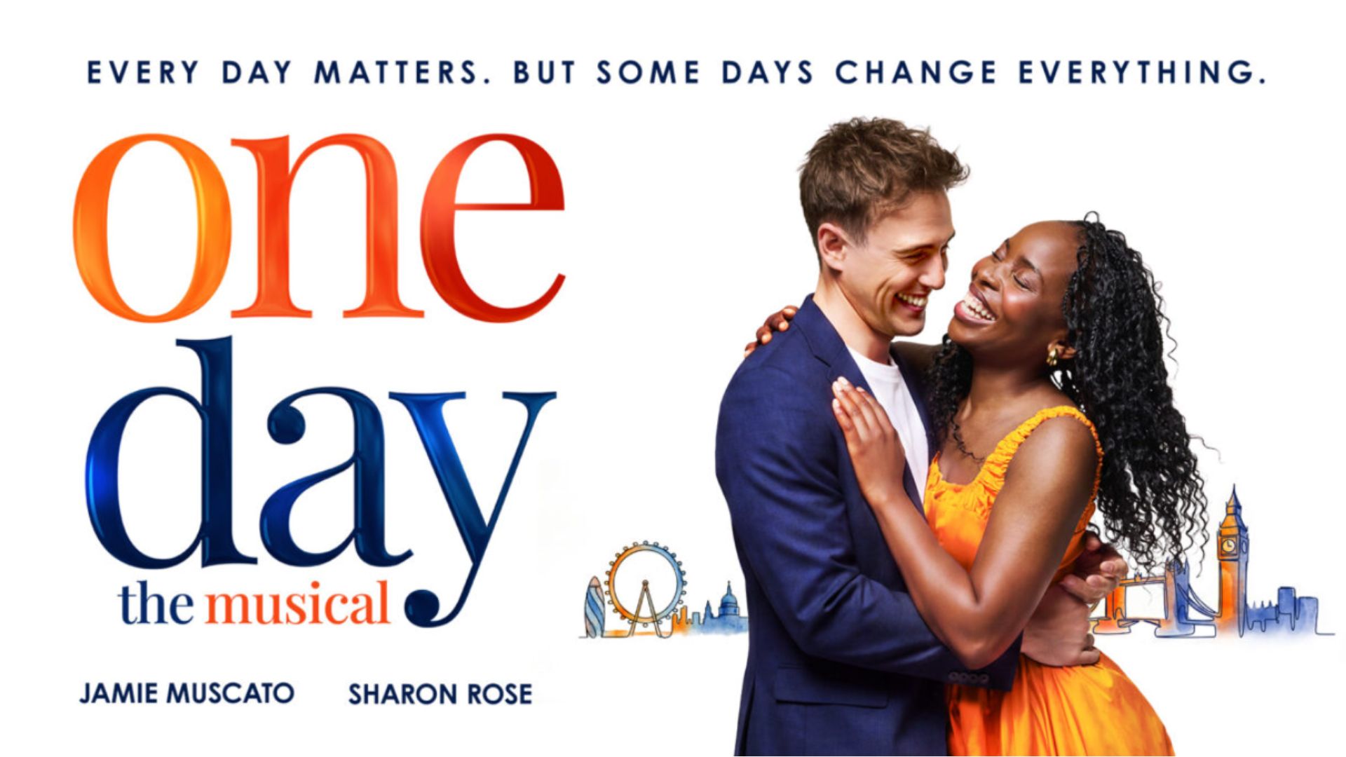 an image of the poster for the show, with the two stars, Jamie Muscato and Sharon Rose standing together in front of a watercolour drawing of London's skyline