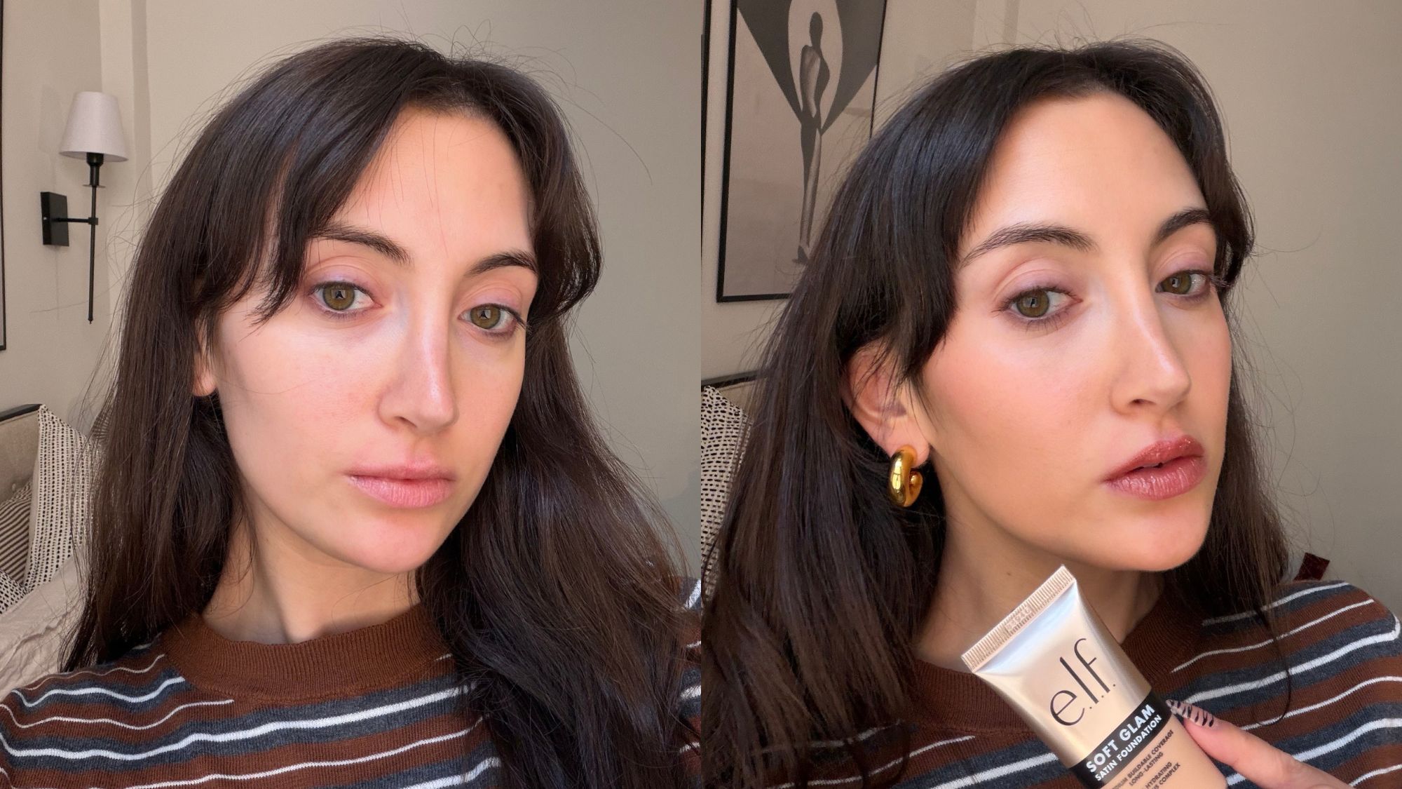 An image of Who What Wear associate beauty editor Alyssa Brascia before and after applying the E.l.f. Cosmetics Soft Glam Satin Foundation.