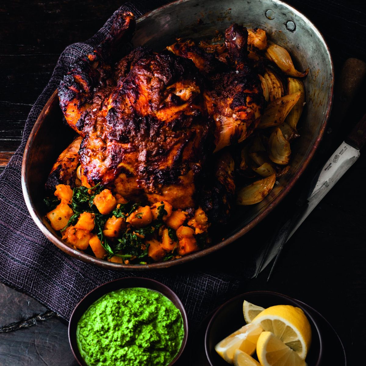 Tikka Roast Chicken with Sag Aloo and Green Chutney Dinner Recipes