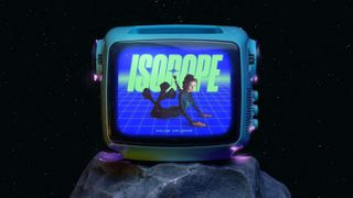 Image of model Isodope on old-fashioned TV screen, placed on a rock under a starry sky
