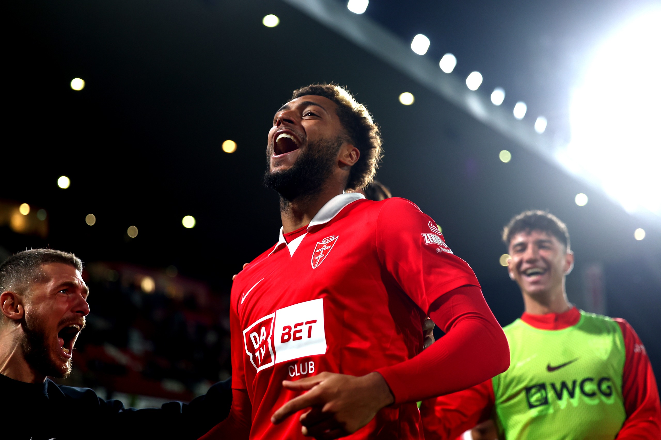 Gustavo Varela of AC Monza celebrates after scoring his team's second goal during the Serie A match between AC Monza and Cagliari Calcio at U-Power Stadium on October 19, 2026 in Monza, Italy.