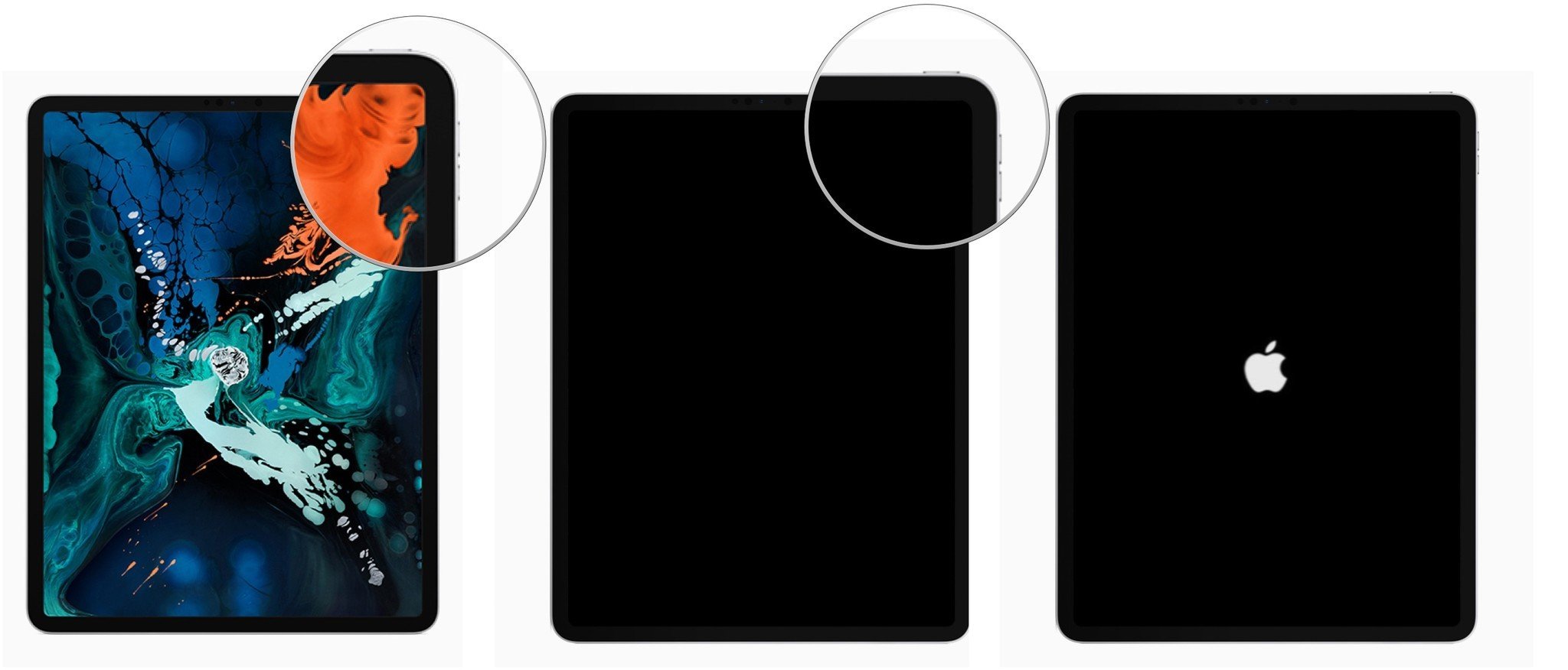 Сброс настроек iPad Pro, iPad Air или iPad mini: удерживайте кнопки, пока не появится логотип Apple.