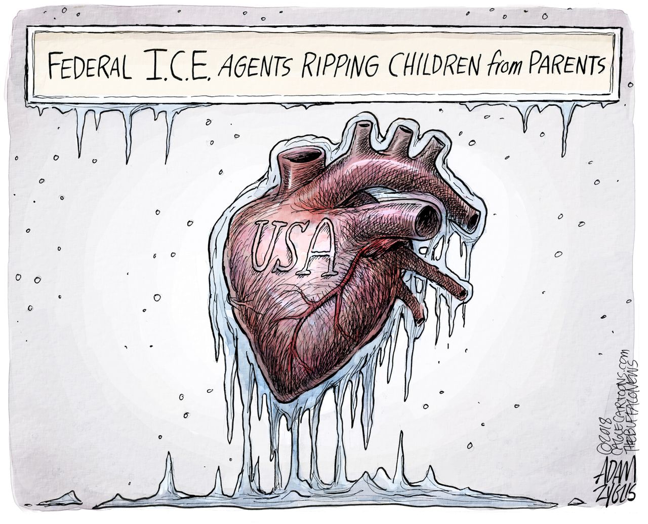 Political cartoon U.S. ICE immigration federal agents children family separation