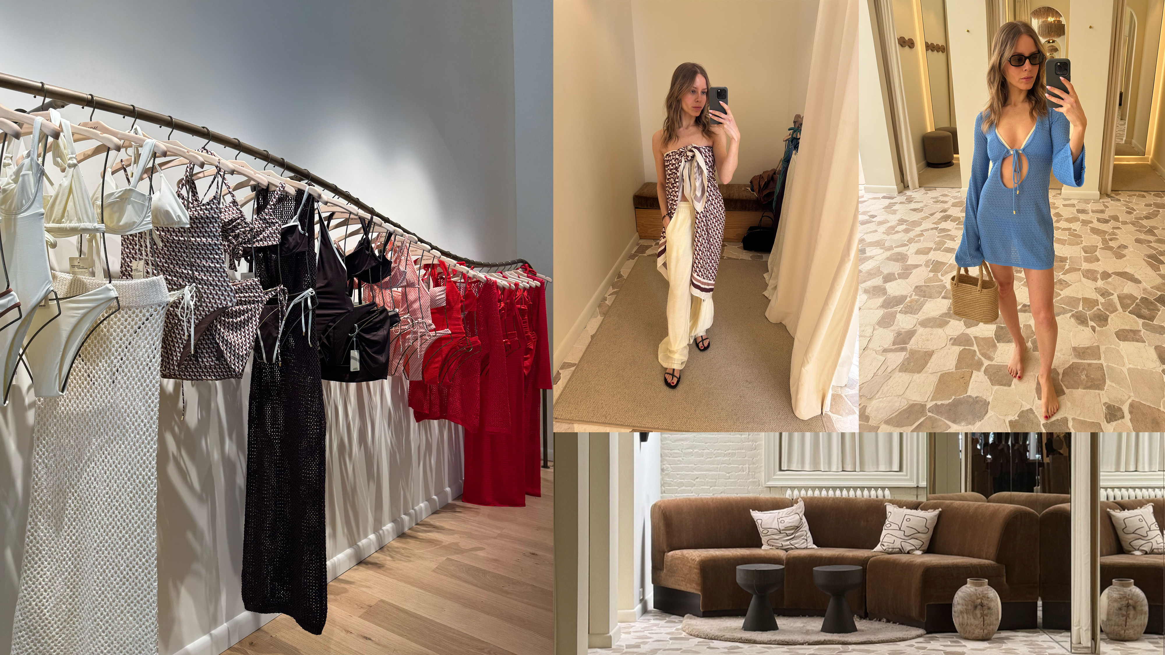 a collage of nikki at the monday swimwear store in NYC.