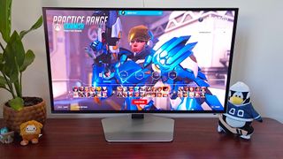 Samsung Odyssey OLED G6 with Pharah on Overwatch 2 character select screen 