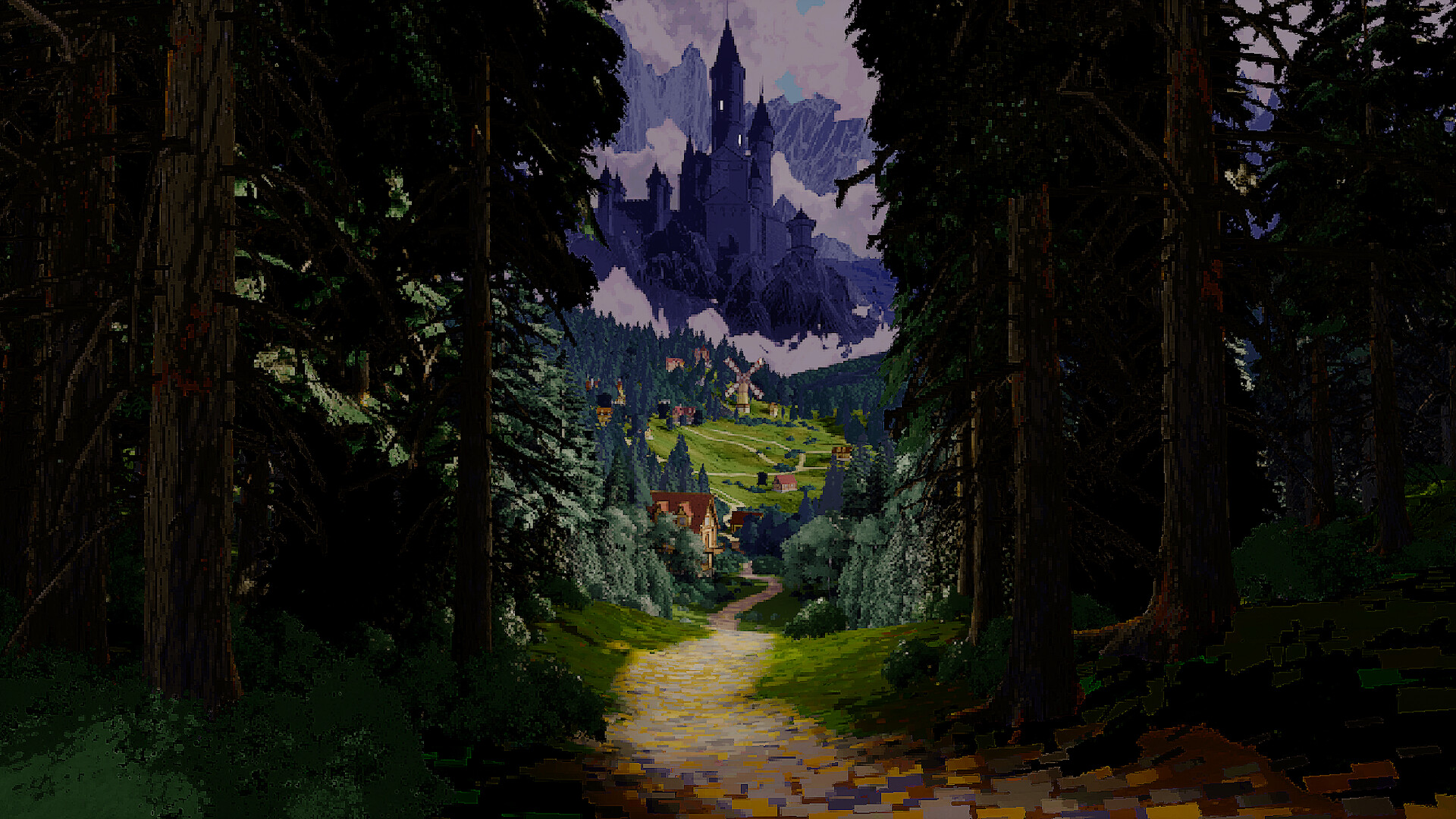 Approaching a foreboding castle down a forested pathway.
