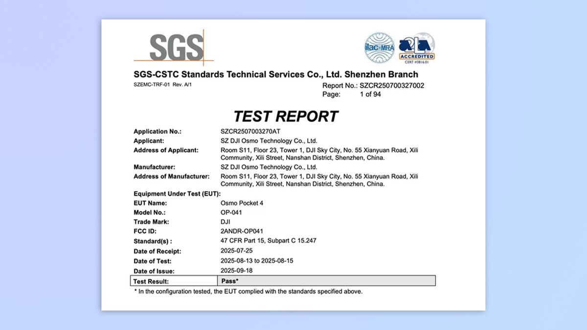 FCC documents showing information about the DJI Osmo Pocket 4