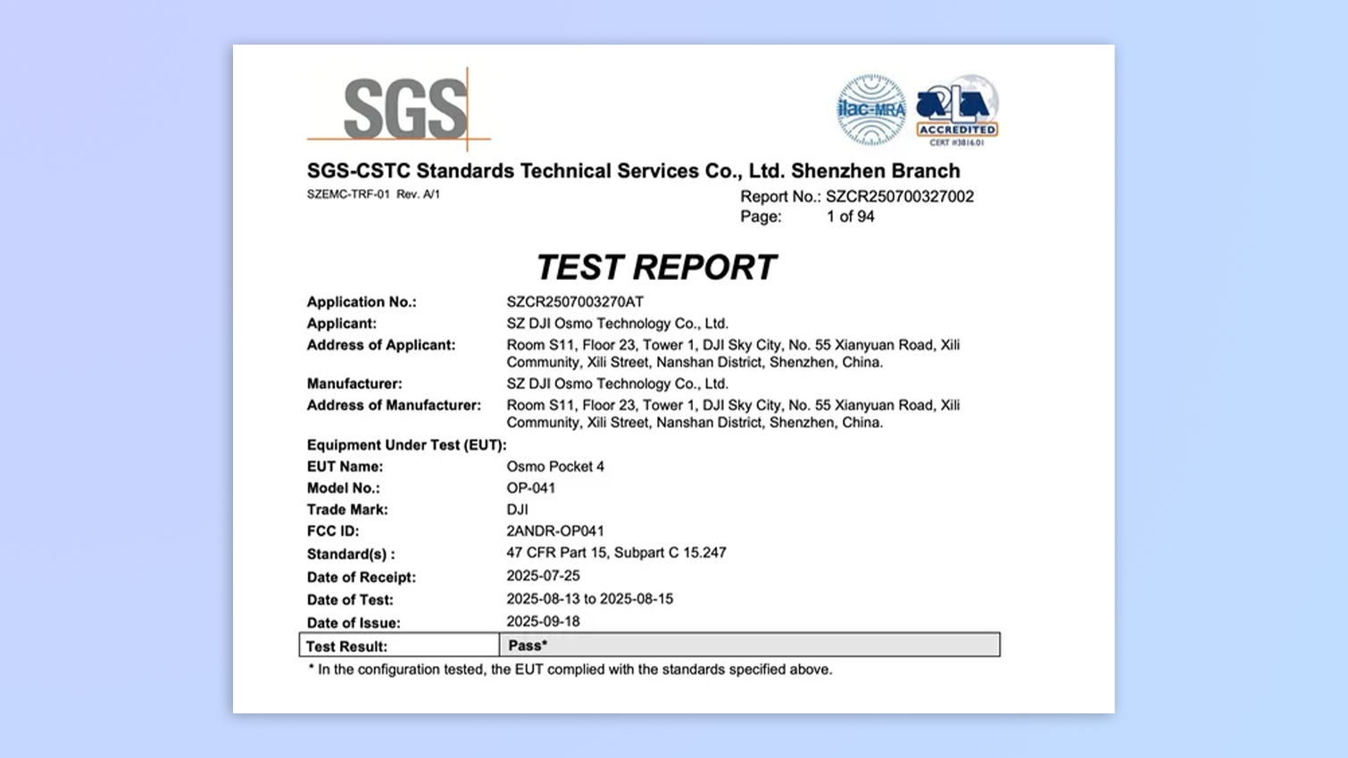 FCC documents showing information about the DJI Osmo Pocket 4