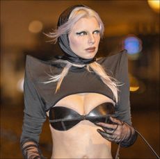 Julia Fox in leather bra in Paris