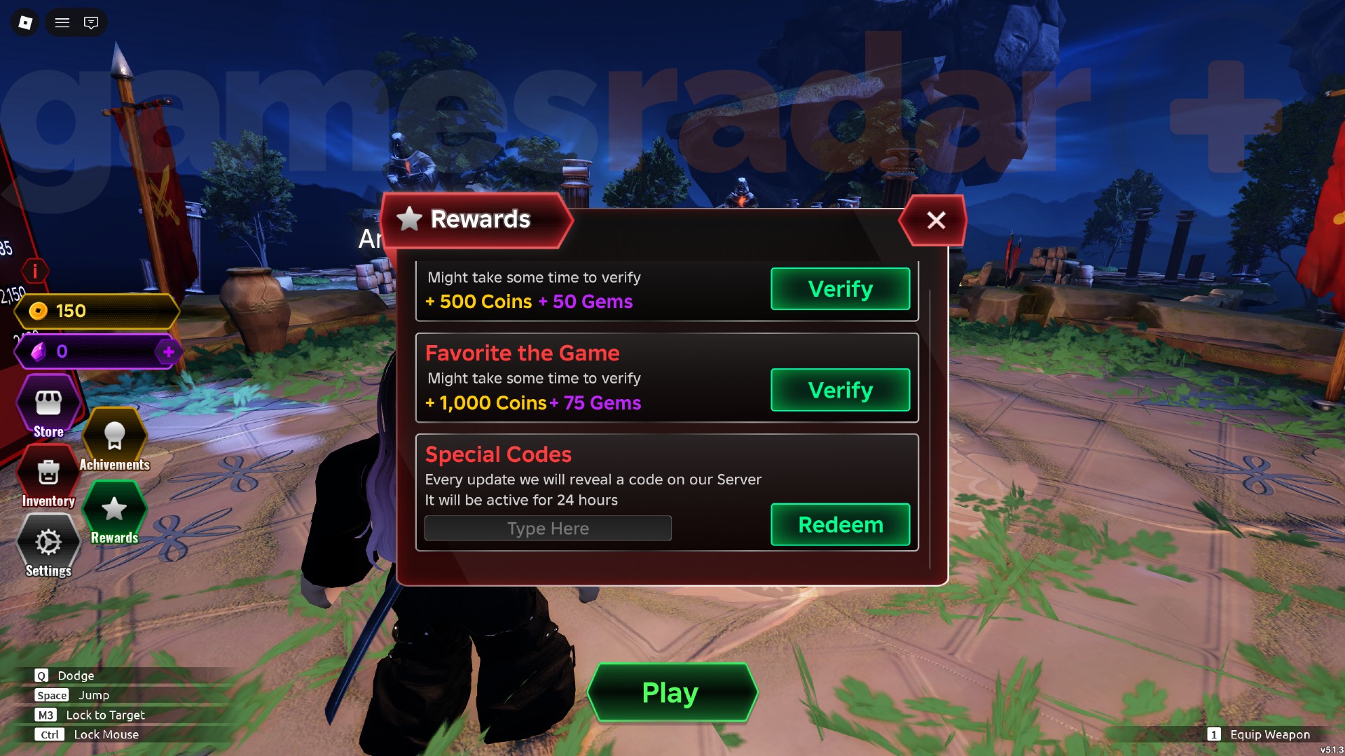 The Dueling Grounds codes redemption box shown in-game.