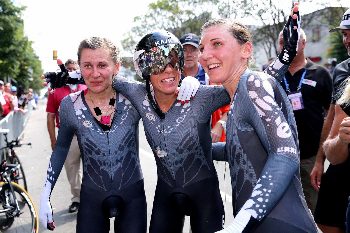 Alena Amialiusik, Trixi Worrack and Lisa Brennauer celebrate winning gold