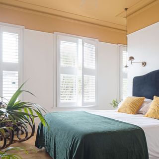 bedroom with yellow ceiling