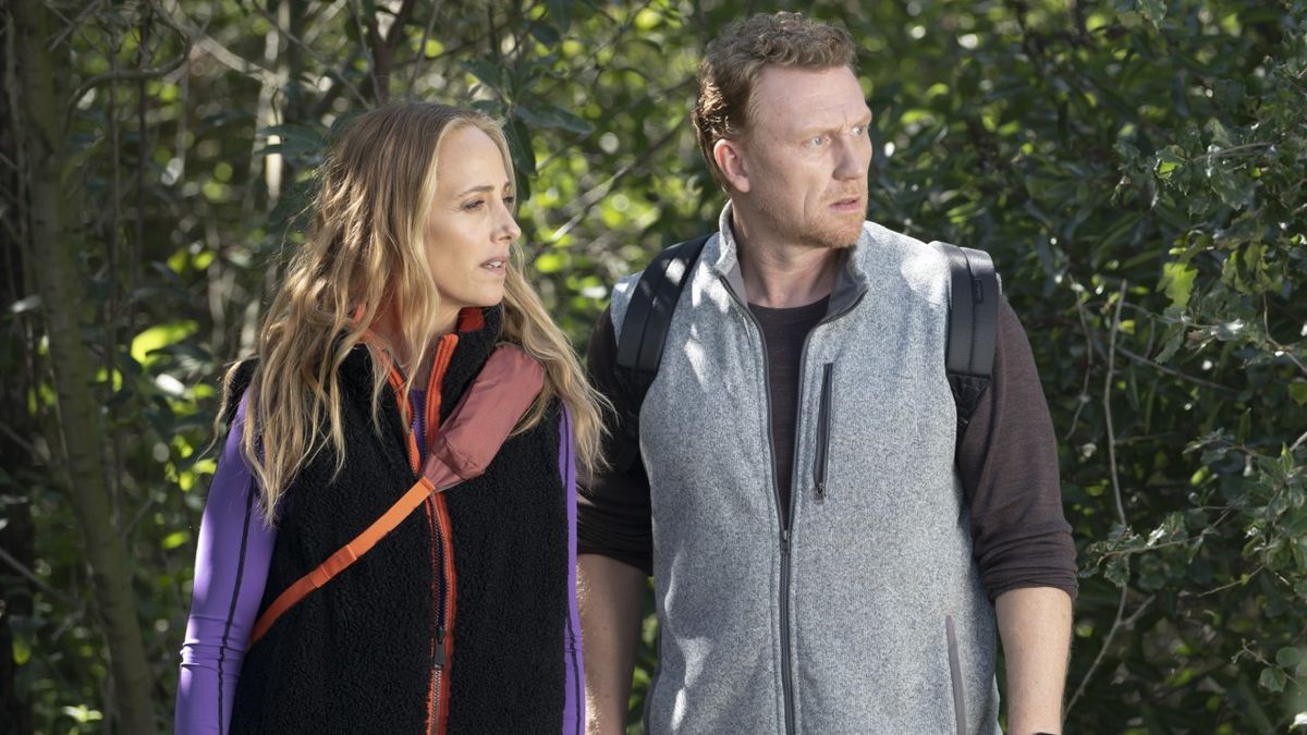 Teddy Altman (Kim Raver) and Owen Hunt (Kevin McKidd) look toward some injured people while taking a hike on the Season 20 episode of Grey&#039;s Anatomy, &quot;Blood, Sweat and Tears.&quot;