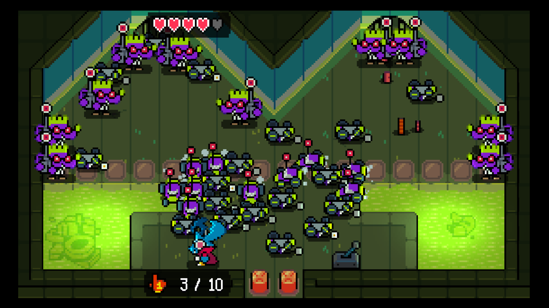 Pipistrello fighting a large crowd of enemies in Pipistrello and the Cursed Yoyo.