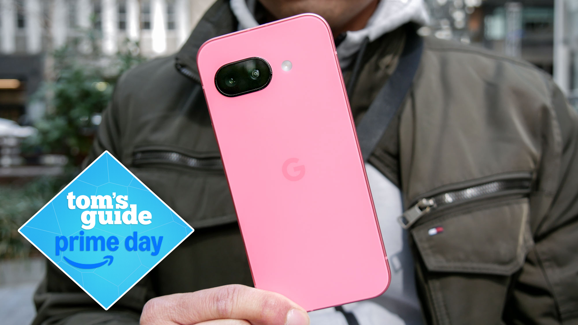 google pixel 9a in pink with prime day deal sticker