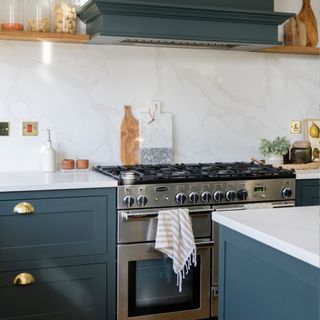 close up of range cooker in kitchen with blue cabinetry and marble splashback