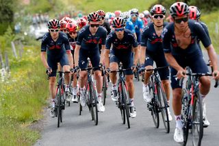 Geraint Thomas and Tao Geoghegan Hart amid the Ineos Grenadiers train at the Dauphiné