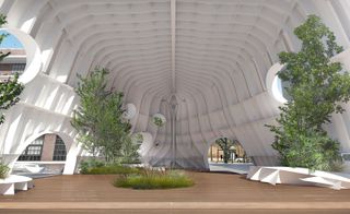 Temp’L by South Korean architectural practice Shinslab. Inside of an artistic structure made from an old ships hull with trees inside of it.